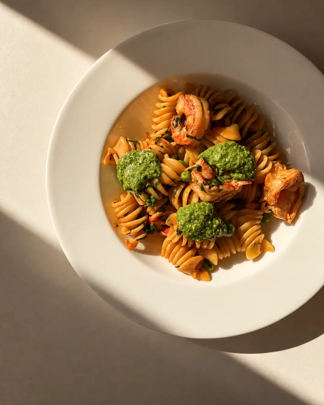 Pasta mit Garnelen und Kräuterpesto im Sonnenlicht